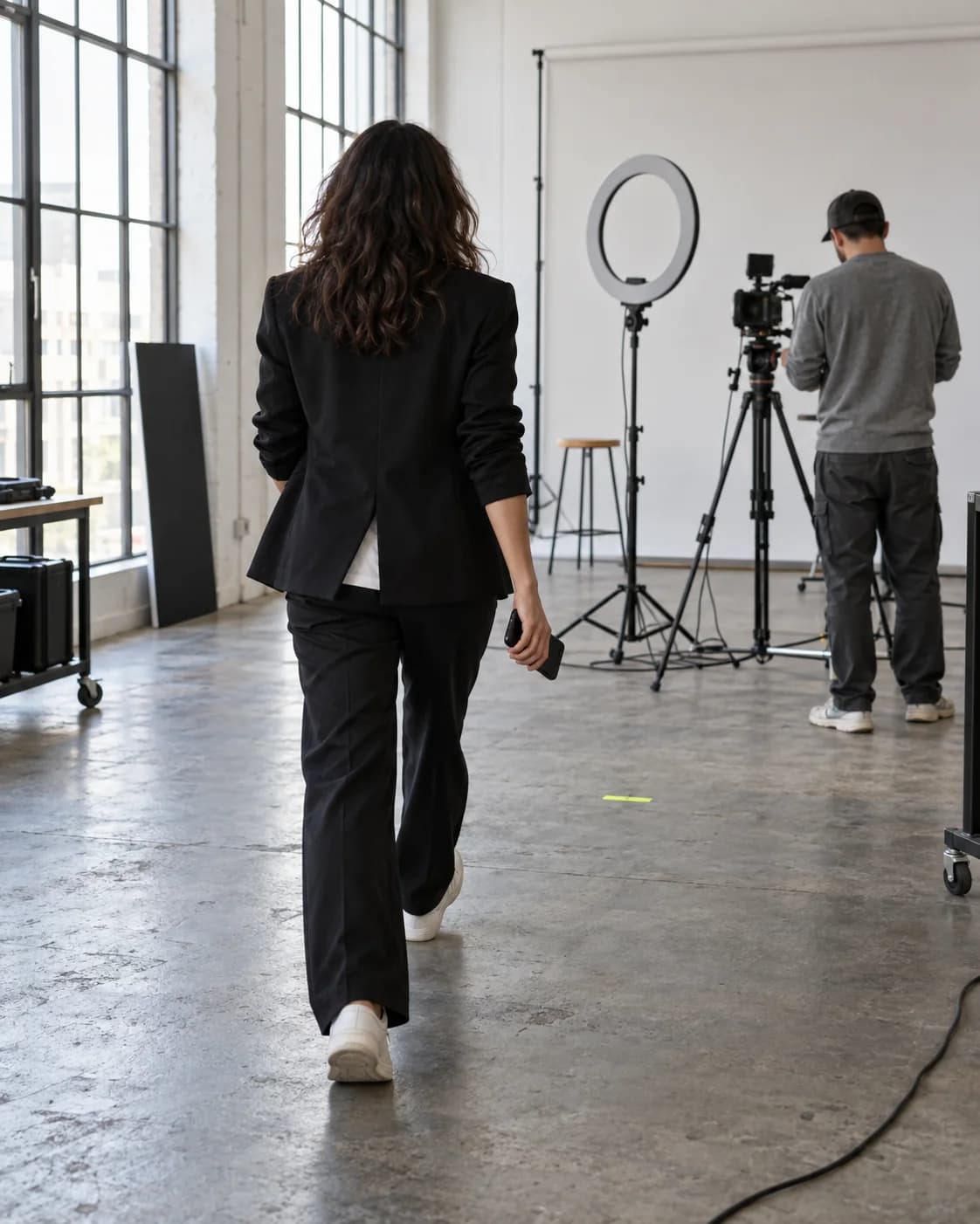 Founder in a black blazer walking toward a filming set with a ring light and camera.
