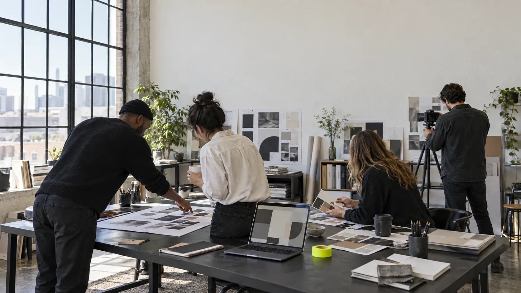 Studio team reviewing printed brand boards around a long table while a colleague films by the window.