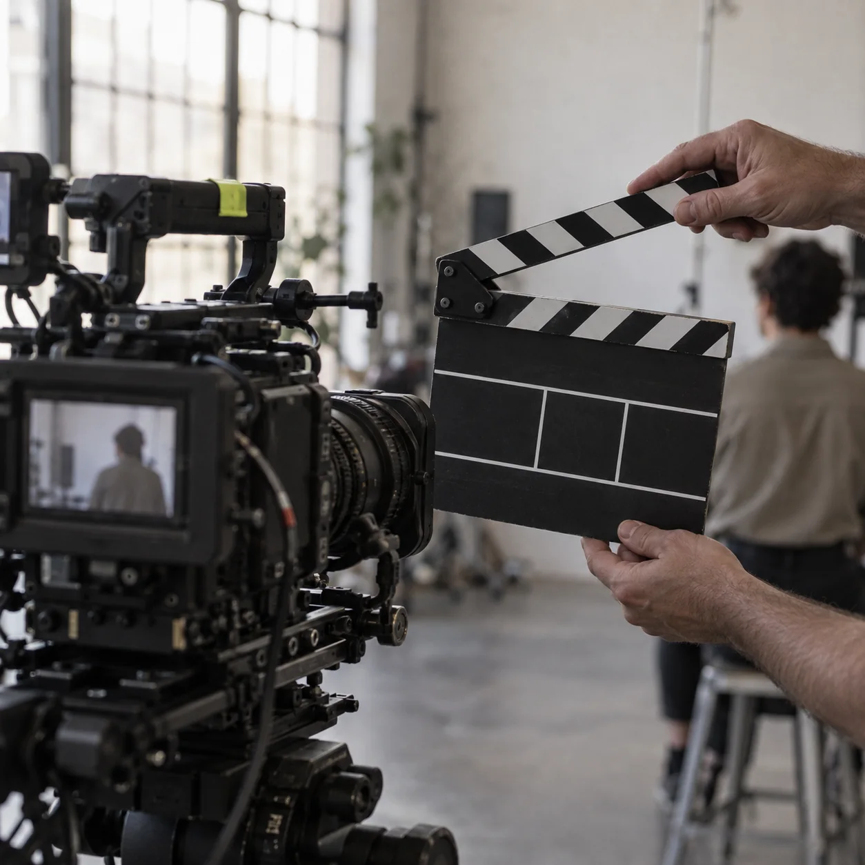 A blank clapperboard held in front of a cinema camera on set, a subject waiting on a stool.