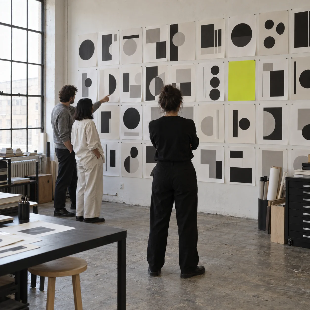 Three people reviewing a grid of printed work pinned across a studio wall.