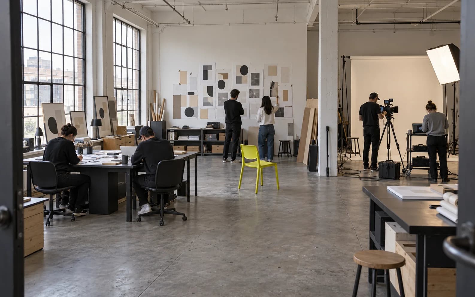 Wide view of one studio with design desks, a strategy wall and a filming set side by side.